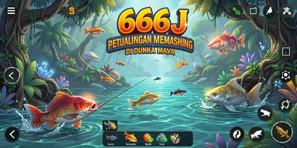 Tampilan screenshot utama 666J menunjukkan pemancing dalam aksi menangkap ikan.