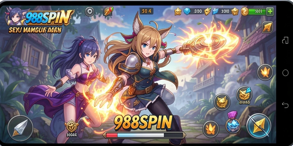 Screenshot utama 988SPIN menampilkan aksi karakter anime yang dinamis.