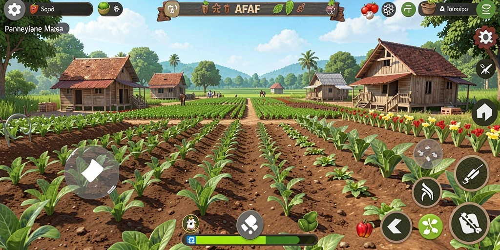 Tampilan gameplay AFAF yang menampilkan ladang yang subur.