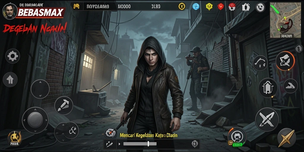 Screenshot gameplay BEBASMAX menunjukkan karakter menghadapi makhluk horror dalam kegelapan.