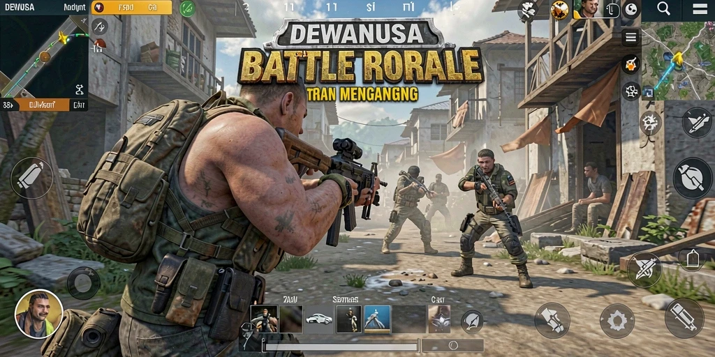 Screenshot utama DEWANUSA menampilkan aksi pertempuran mengesankan di arena Battle Royale.