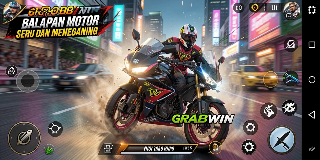 Tampilan gameplay seru dari balapan motor di GRABWIN.