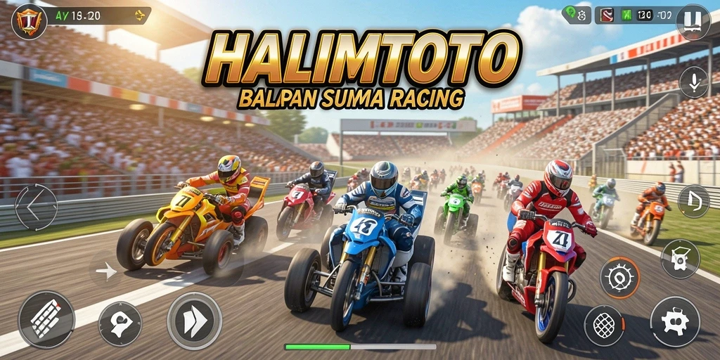 Screenshot utama HALIMTOTO menampilkan mobil balap melaju kencang di lintasan.