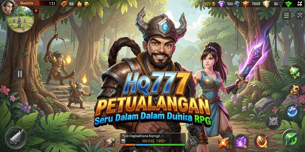 Tampilan gameplay HQ777 dengan karakter dan pertarungan RPG yang epik.