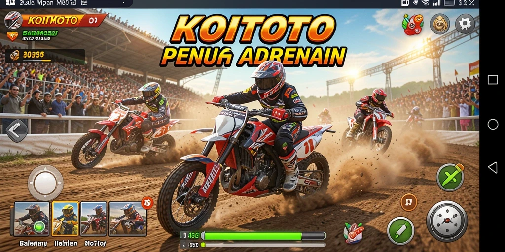 Screenshot gameplay <strong>KOITOTO</strong> menampilkan balapan motor yang mendebarkan.