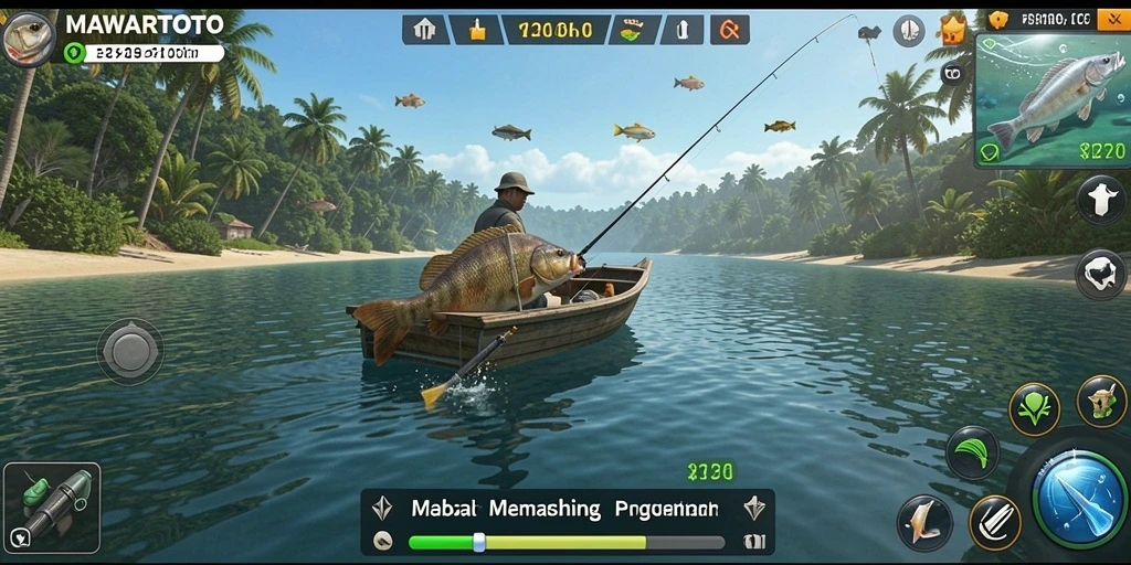 Tampilan gameplay MAWARTOTO saat memancing di danau yang indah.