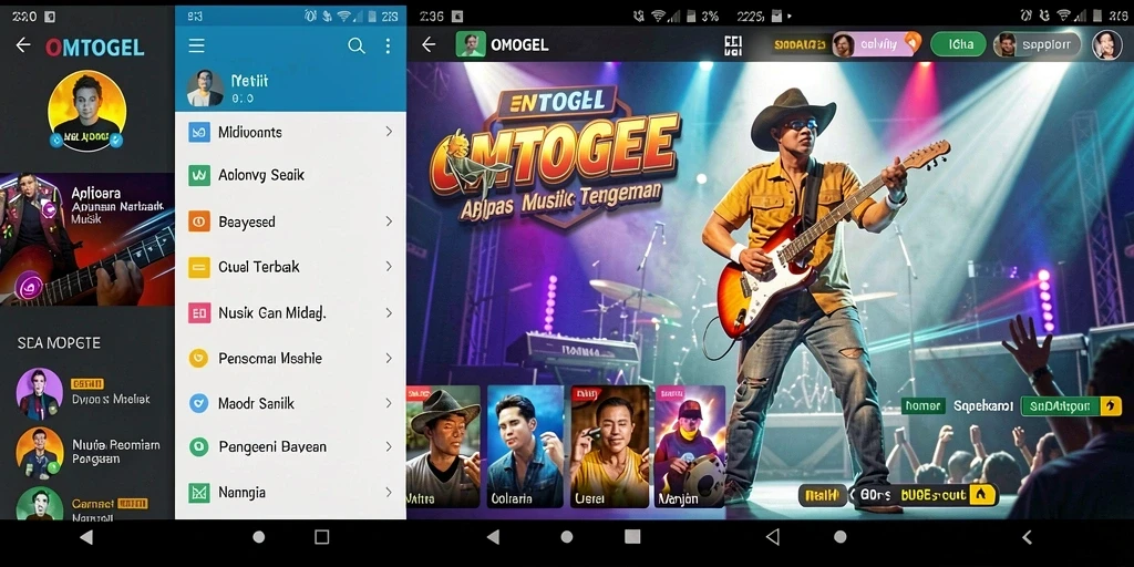 Screenshot utama OMTOGEL menampilkan gameplay interaktif dan elemen musik yang menarik.