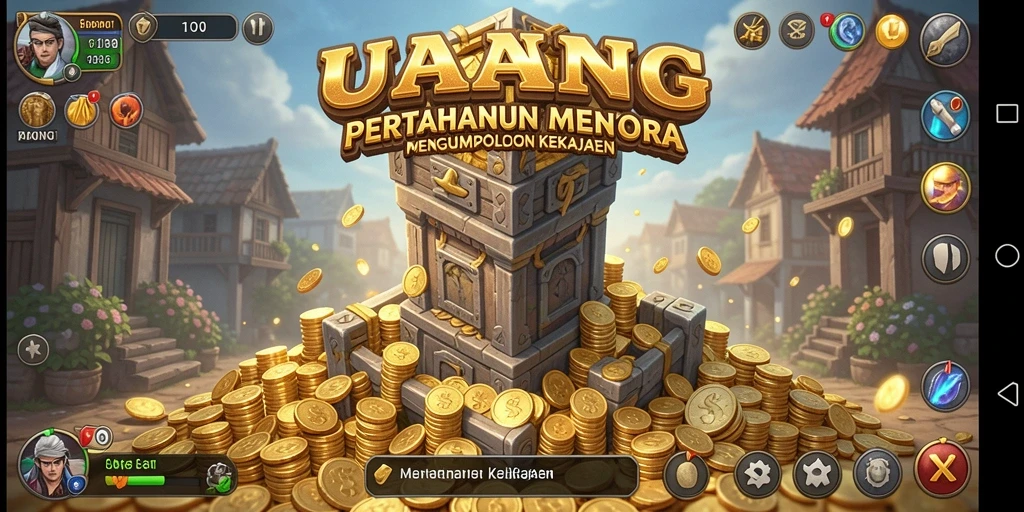Screenshot gameplay UANG menampilkan aksi menara yang mendebarkan dalam pertahanan kekayaan.