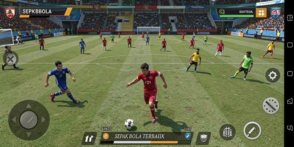 Tampilan gameplay UH77 yang menampilkan aksi sepak bola menegangkan.