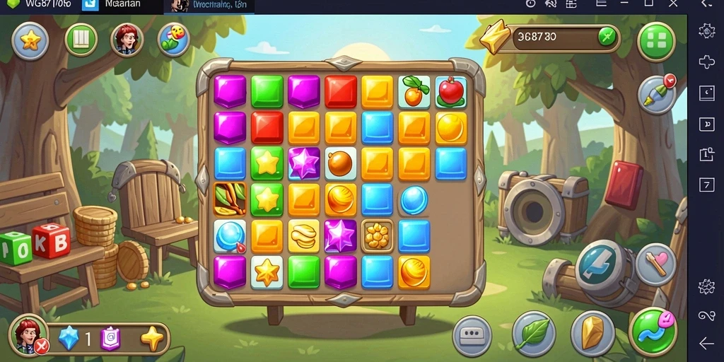 Screenshot utama WG87 menampilkan gameplay seru dalam mencocokkan permata.